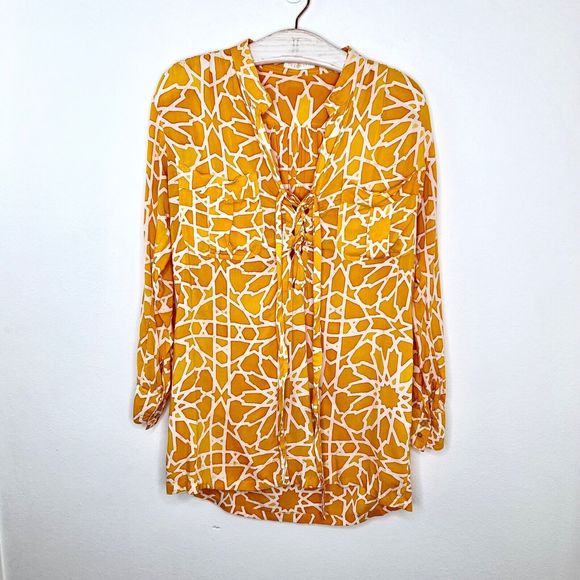 Indah Womens Laced Front Cover up Tunic Dress XS Geo Orange White Long Sleeve - Picture 2 of 5